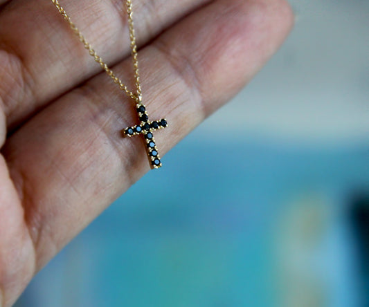 tiny black diamond cross necklace