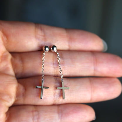 cross dangle earring, ball cross stud, cross earring, 14k dangle cross earring, christian jewelry, baptism gift, dangle cross, cross stud