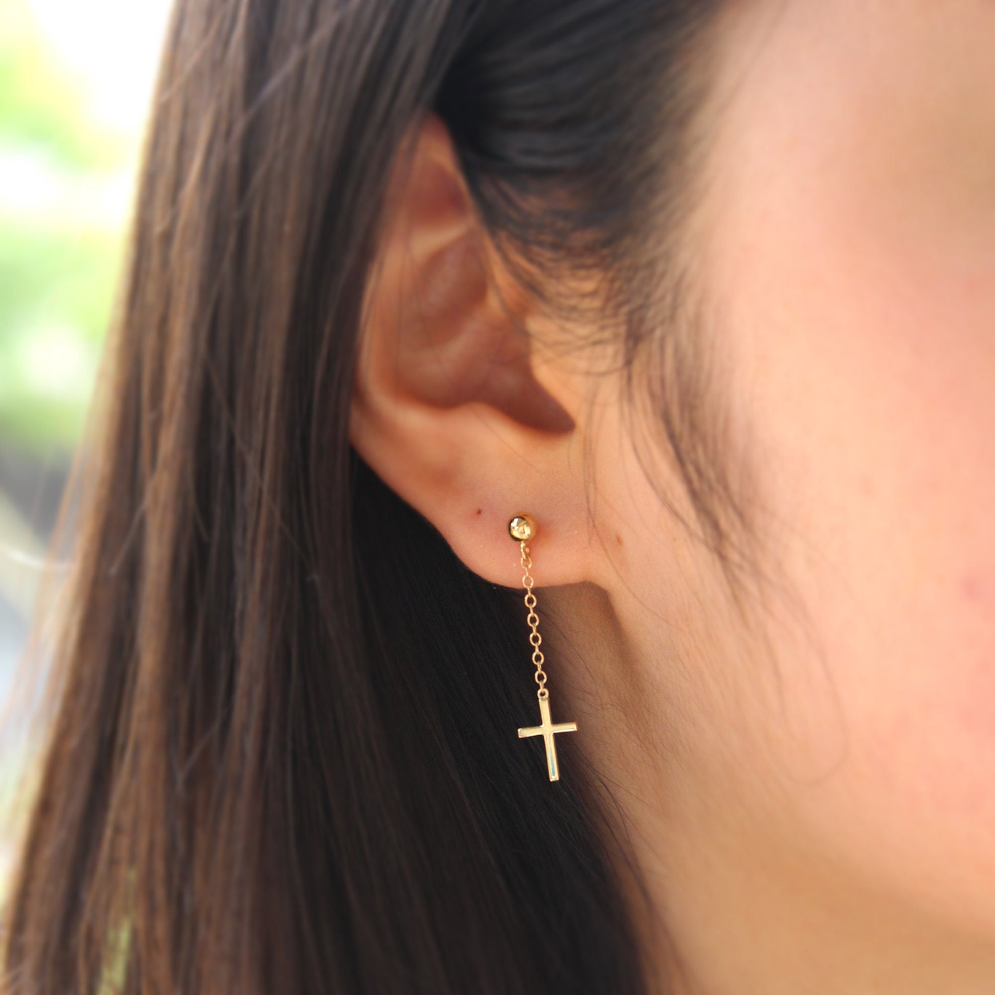 cross dangle earring, ball cross stud, cross earring, 14k dangle cross earring, christian jewelry, baptism gift, dangle cross, cross stud