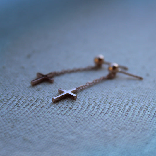 cross dangle earring, ball cross stud, cross earring, 14k dangle cross earring, christian jewelry, baptism gift, dangle cross, cross stud