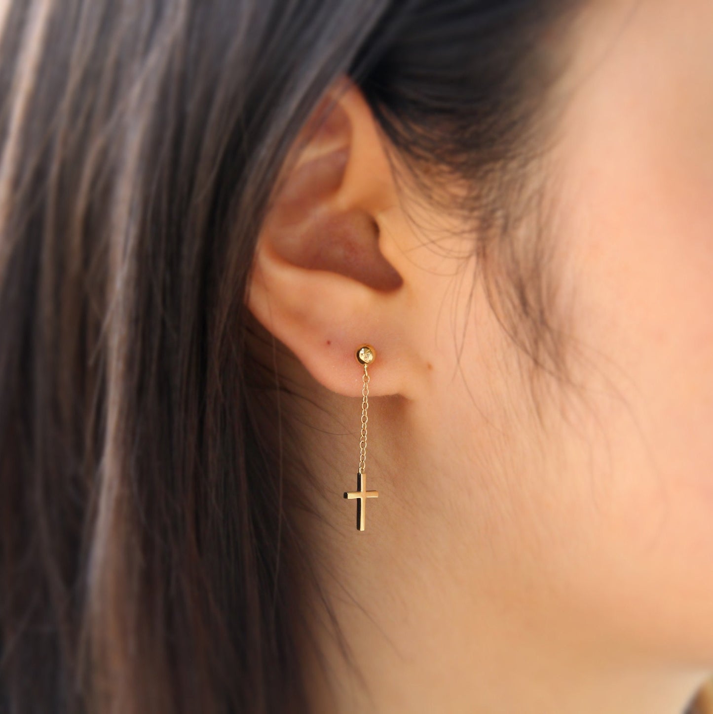 cross dangle earring, ball cross stud, cross earring, 14k dangle cross earring, christian jewelry, baptism gift, dangle cross, cross stud